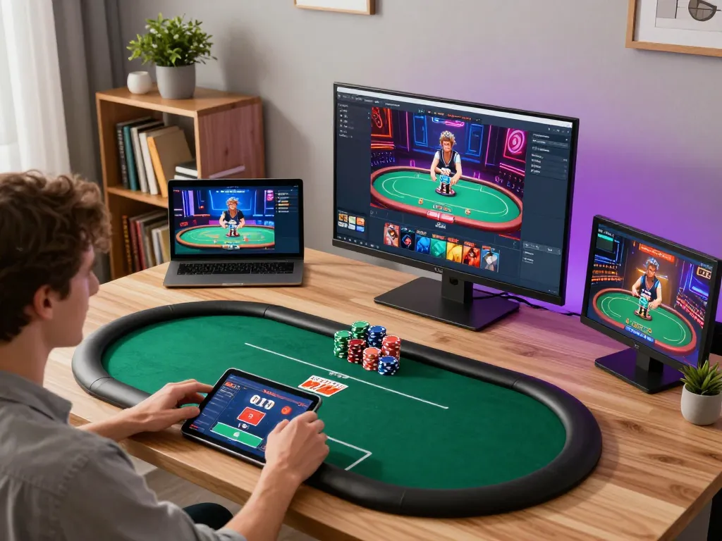 Player engaging in a poker game on kkwin, showcasing exciting gameplay on tablet.