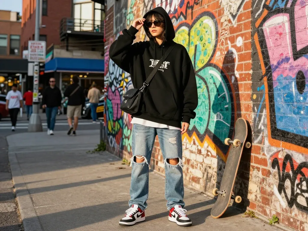Stylish individual in trendy streetwear showcasing 레플리카 fashion against vibrant urban backdrop.