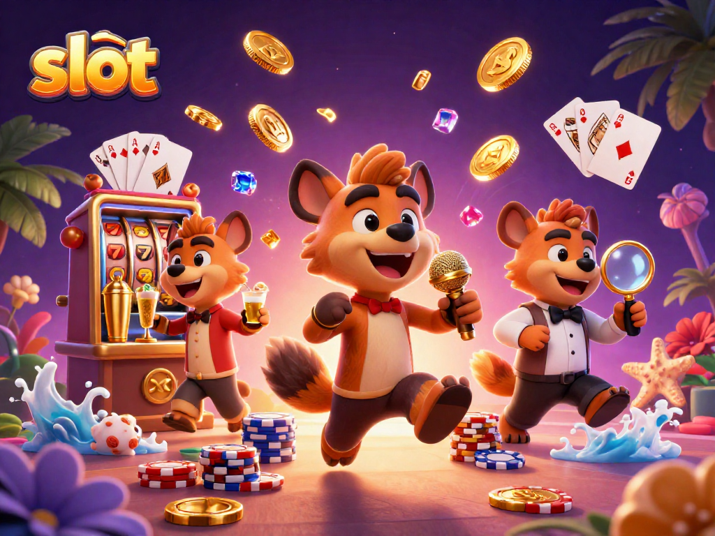Slot menarik dengan hyena, mesin slot, dan koin emas terbang di kasino.
