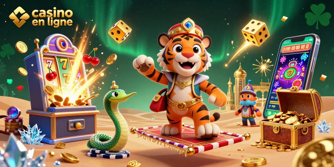 Experience the thrill of casino en ligne with a 3D illustration featuring a tiger sultan and slot machines.