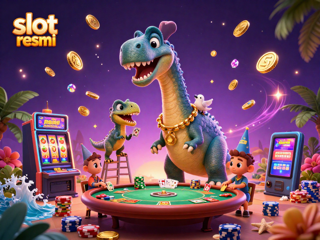 Experience the thrill of slot resmi gaming as the dinosaur oversees the colorful casino action.