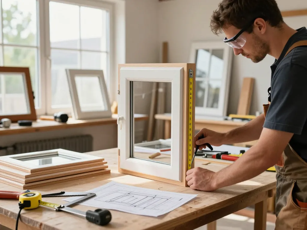 Zimmermann demonstriert Fensterbau-Kunstfertigkeit beim Einbau hochwertiger Fenster in einer gut beleuchteten Werkstatt.