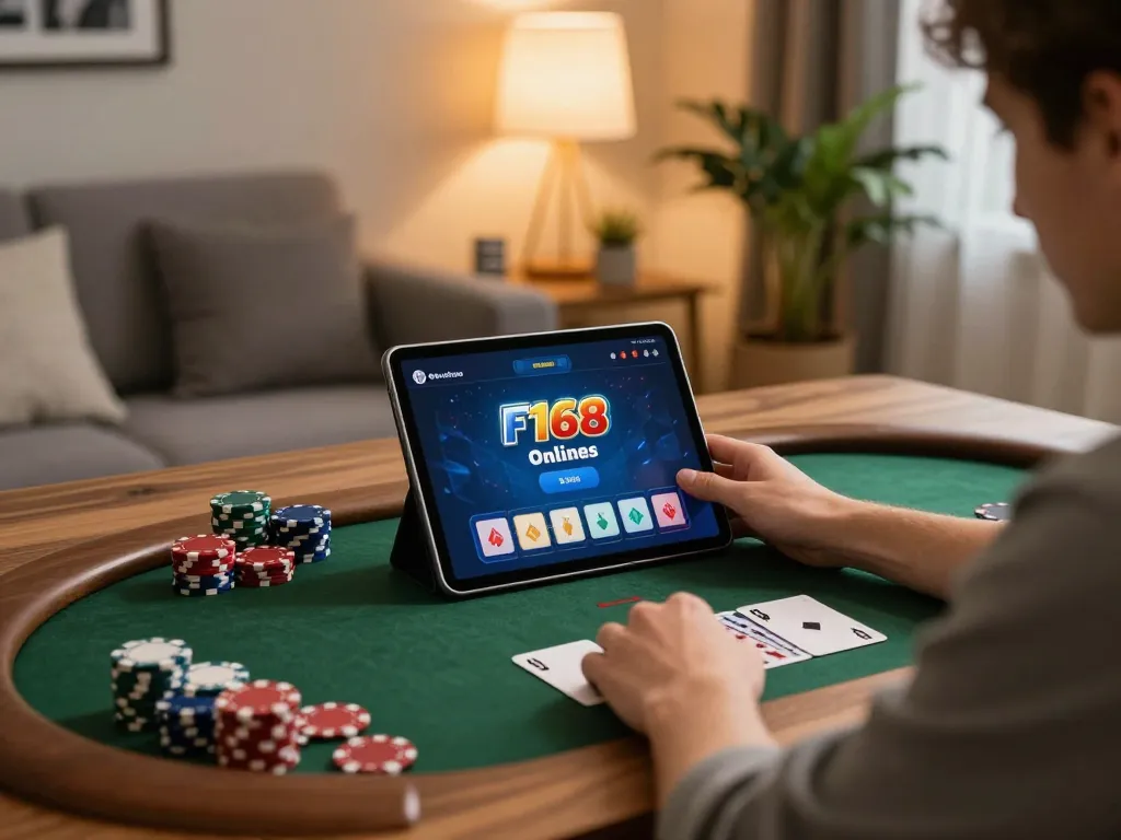 Player enjoying a thrilling poker game on F168 using a tablet at home, with cards and chips showcased.