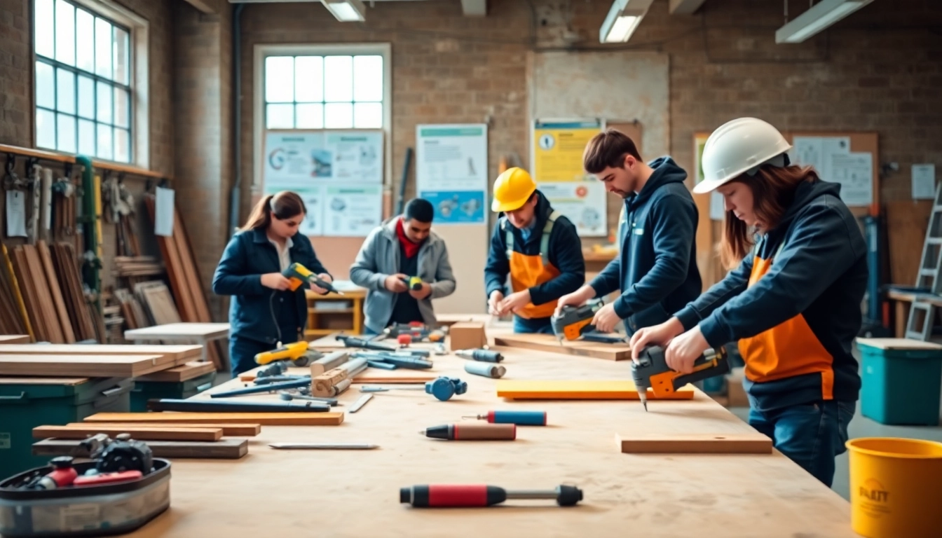 Engaged learners participate in construction craft training, showcasing hands-on skill development.
