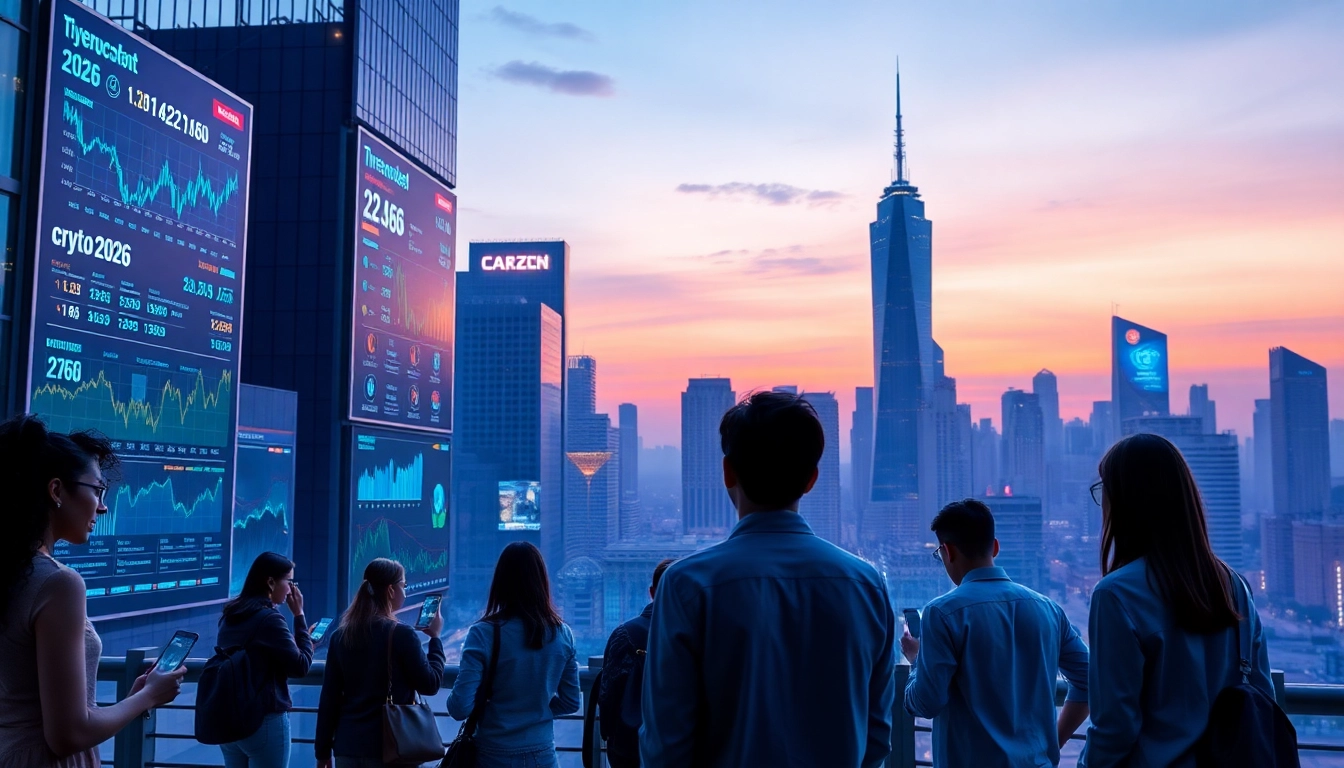 Futuristic city skyline illustrating Crypto 2026 trends with professionals analyzing digital data.
