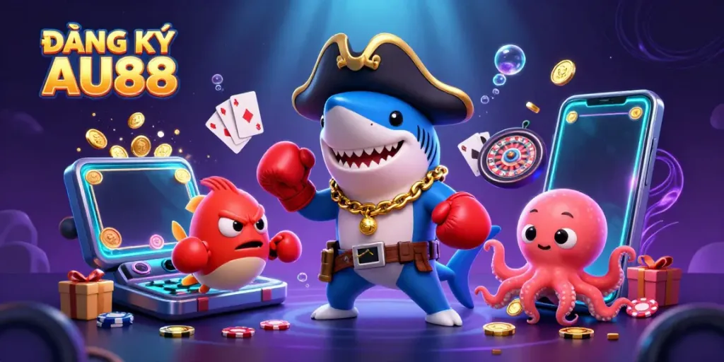 Engage in ĐĂNG KÝ AU88 with a lively 3D scene showcasing a pirate shark, boxing pufferfish, and cute octopus celebrating casino games with vibrant elements.