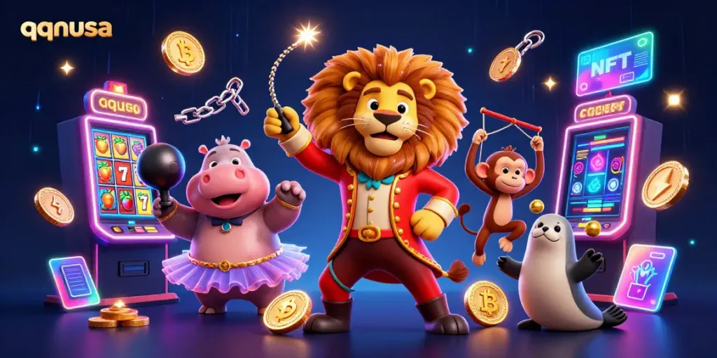 qqnusa features an engaging casino scene with vibrant characters and slot machine elements