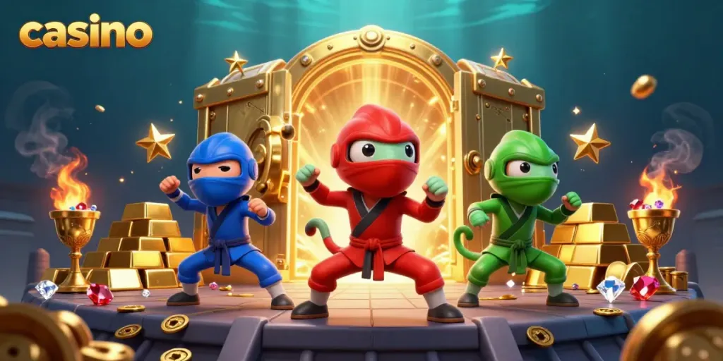 Casino action with a ninja chameleon team showcasing martial arts, surrounded by gold treasures and gems.