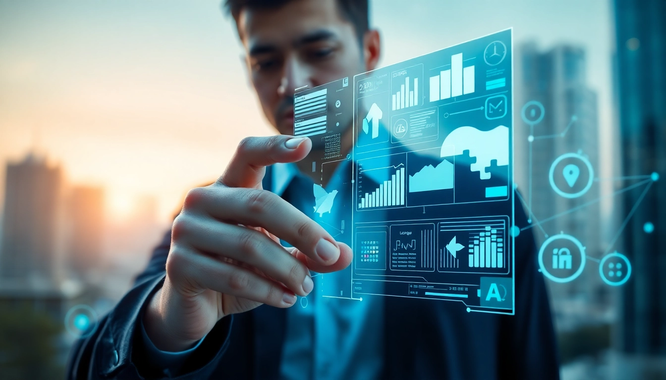 Illustration of information technology concept with a person interacting with holographic data.