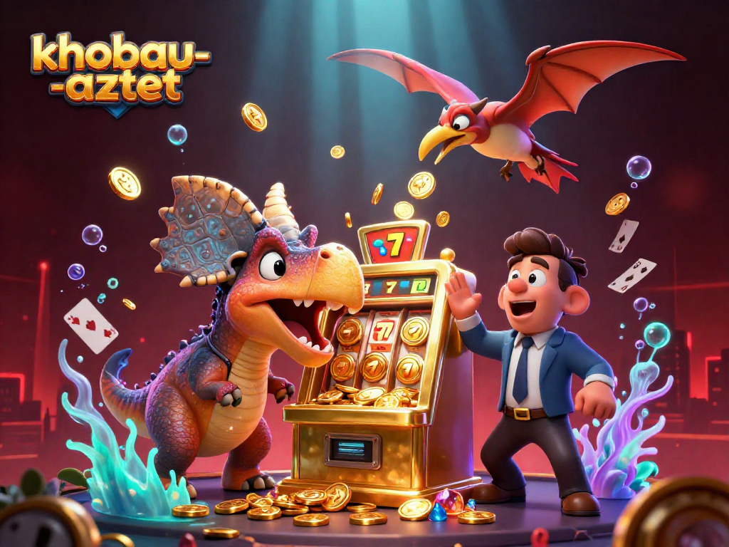 Experience khobau-aztec with a 3D dinosaur jackpot scene illustrating exhilarating casino excitement.