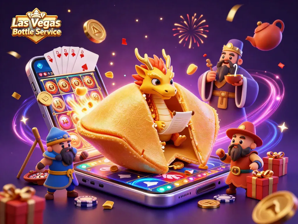 Experience Las Vegas Bottle Service with a vibrant 3D illustration depicting a golden fortune cookie scene.