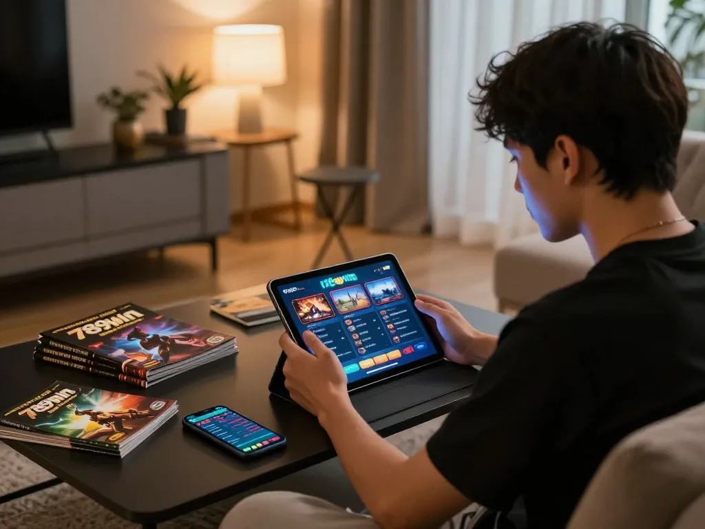 Engaged player using the 789win app, strategizing online casino gameplay in a cozy home setting.