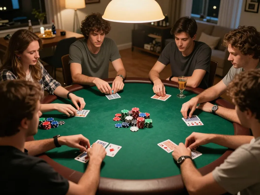 MB66 poker night with friends at home, showcasing lively gameplay around a round table.