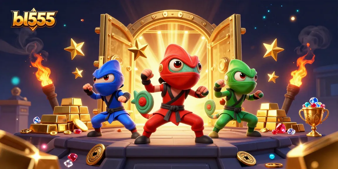 Experience thrilling gameplay at bl555 with a dynamic illustration of ninja chameleons amidst golden treasures.