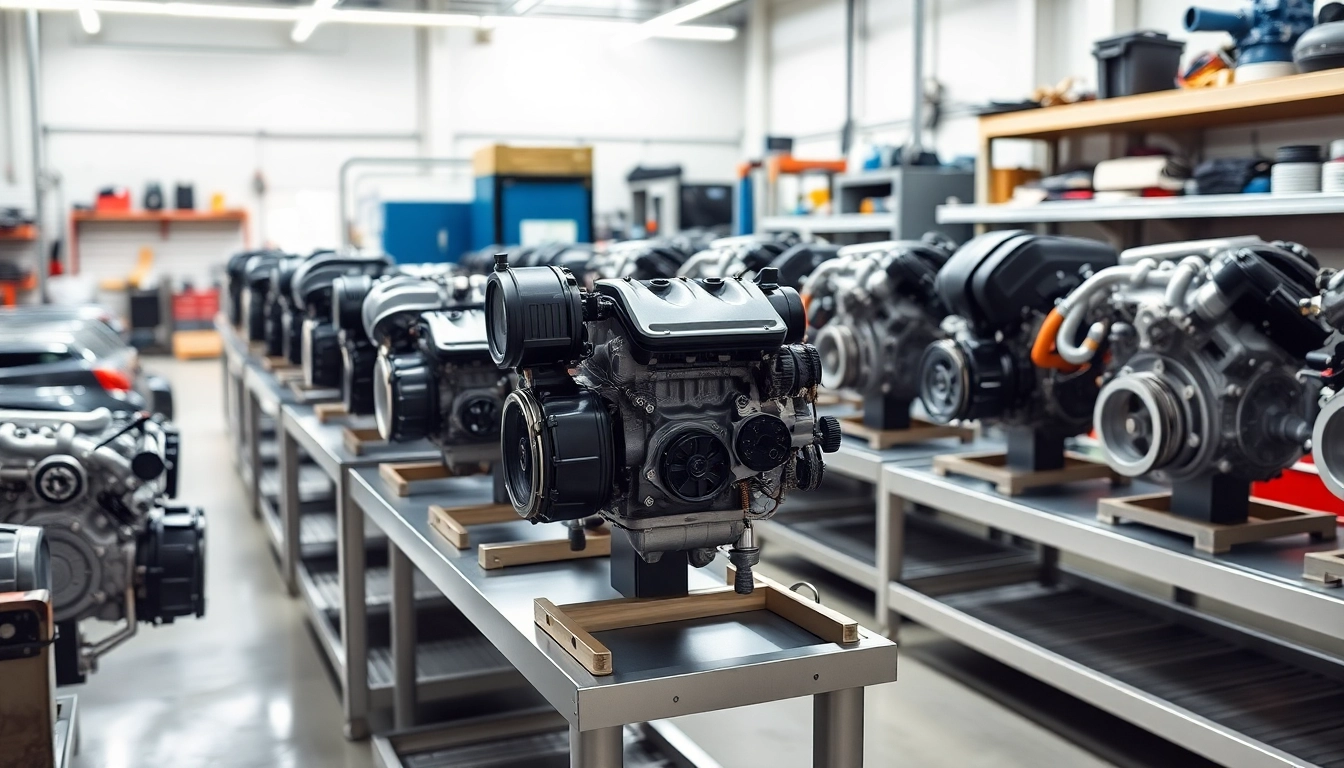 Browse various used engines displayed in a professional workshop setting.