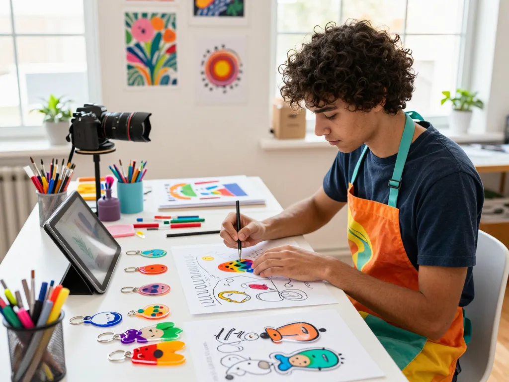 Designer crafting custom acrylic keychains in a bright creative workspace with colorful samples and art supplies.