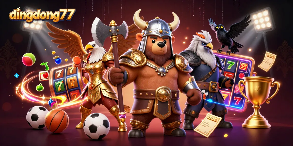 Dive into the excitement of dingdong77 with a vibrant illustration showcasing slot reels and gaming elements.