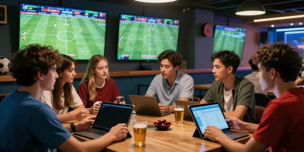 WWBOLA sports lounge scene with young adults analyzing soccer match odds