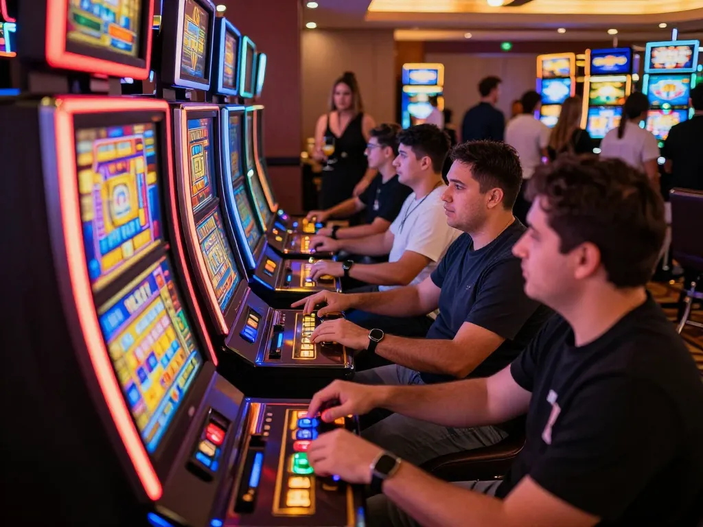 Exciting players enjoying slot777 games at vibrant casino slot machines with colorful displays