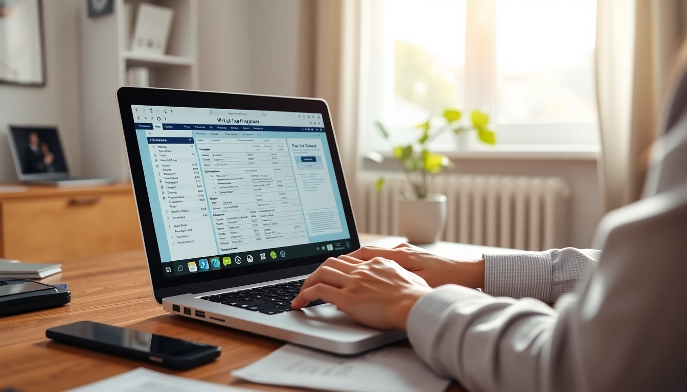 Engaged virtual tax preparer assisting clients professionally in a bright home office.