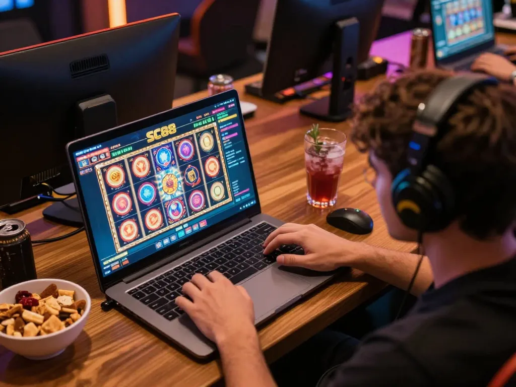 sc88 player engaging with virtual casino on laptop while enjoying a cozy atmosphere