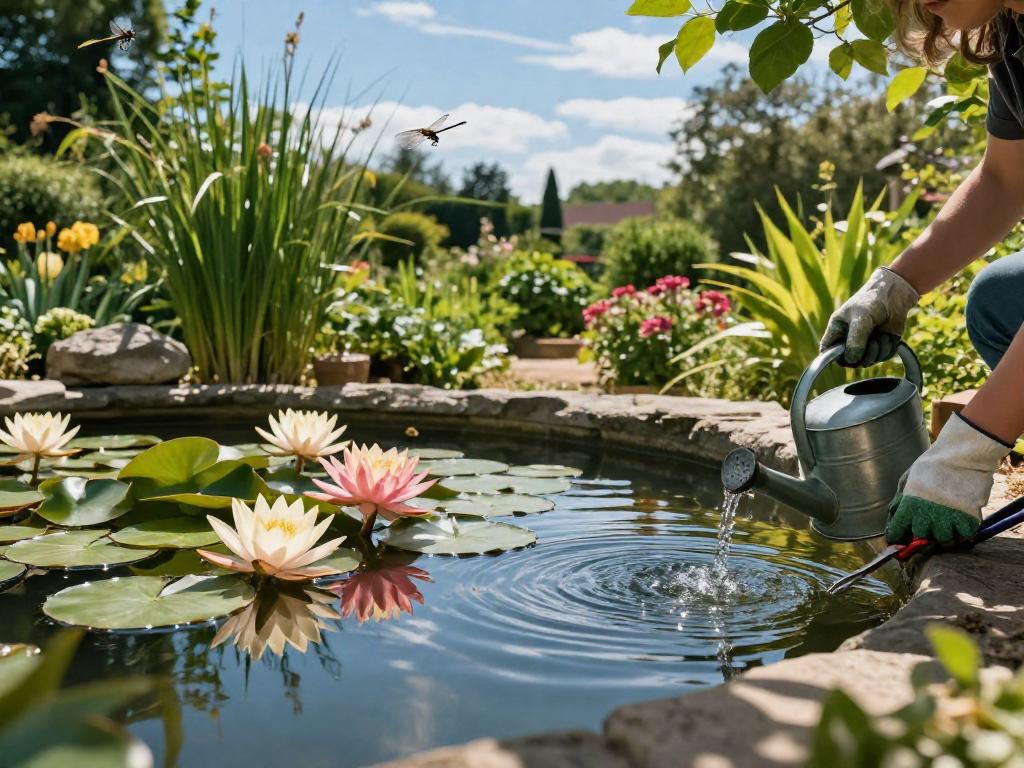 Vibrant water lilies in serene garden pond with gardener tending plants, showcasing the tranquility of aquatic gardening.