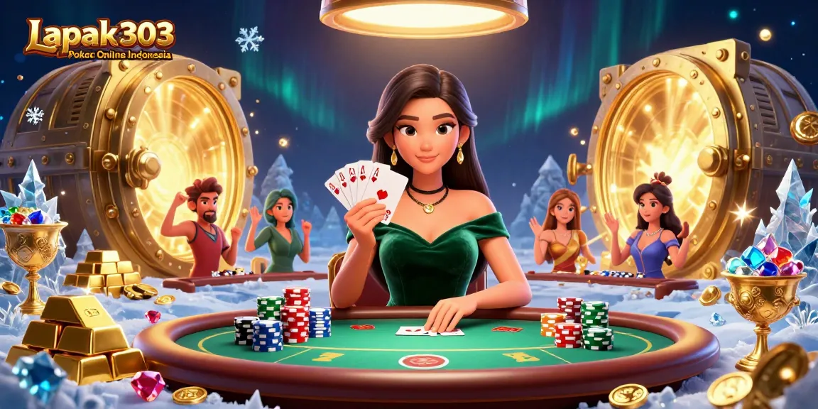 Win big with Lapak303 Poker Online Indonesia, featuring a stunning poker scene with glamorous decor and vibrant gems.