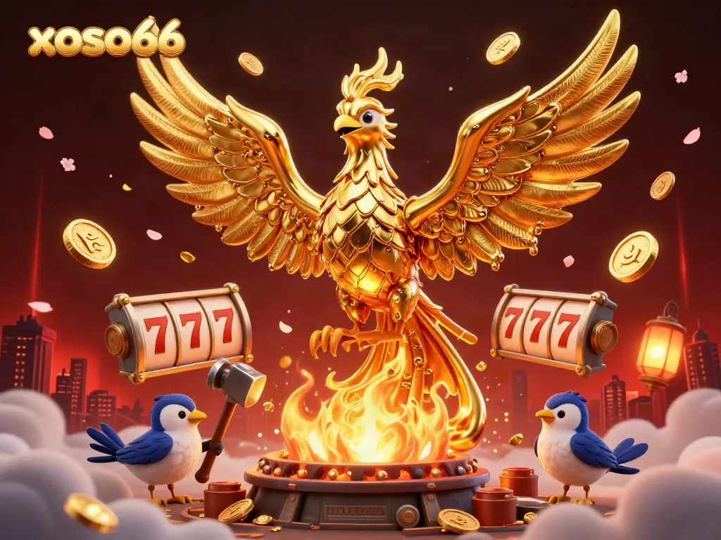 Experience the magic of xoso66 with a golden phoenix and dynamic casino elements in a vibrant scene.