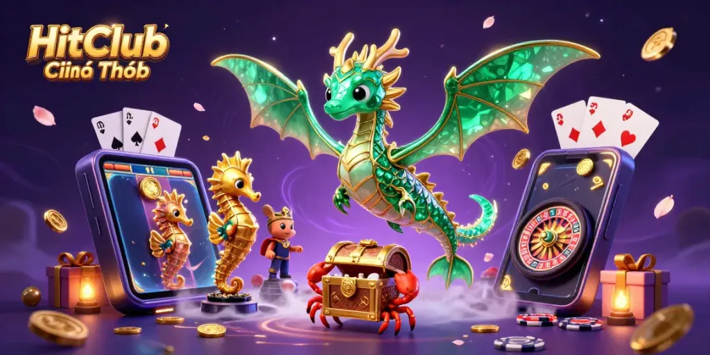 Experience thrilling gameplay with HitClub Chính Thức illustrated vividly through a dragon, treasure chest, and vibrant casino elements.