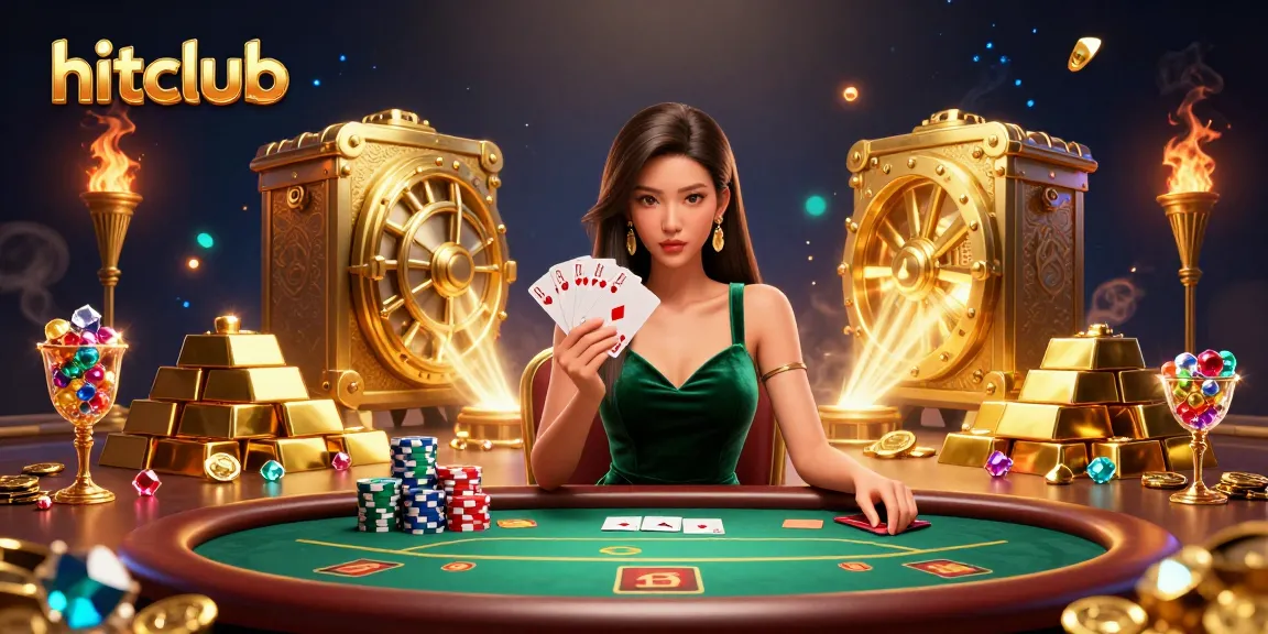 Experience the thrill of playing at hitclub, visualized by a stunning Asian woman at a luxury poker table.