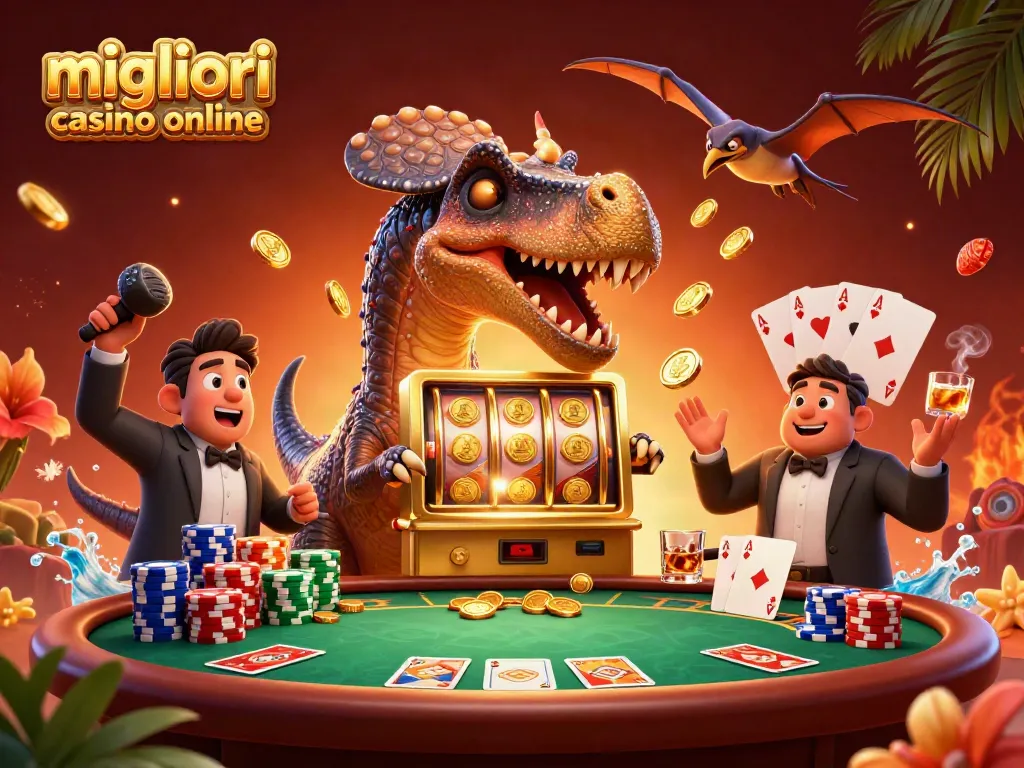 I migliori casino online premiando il jackpot con un T-Rex, elementi di poker e monete volanti.