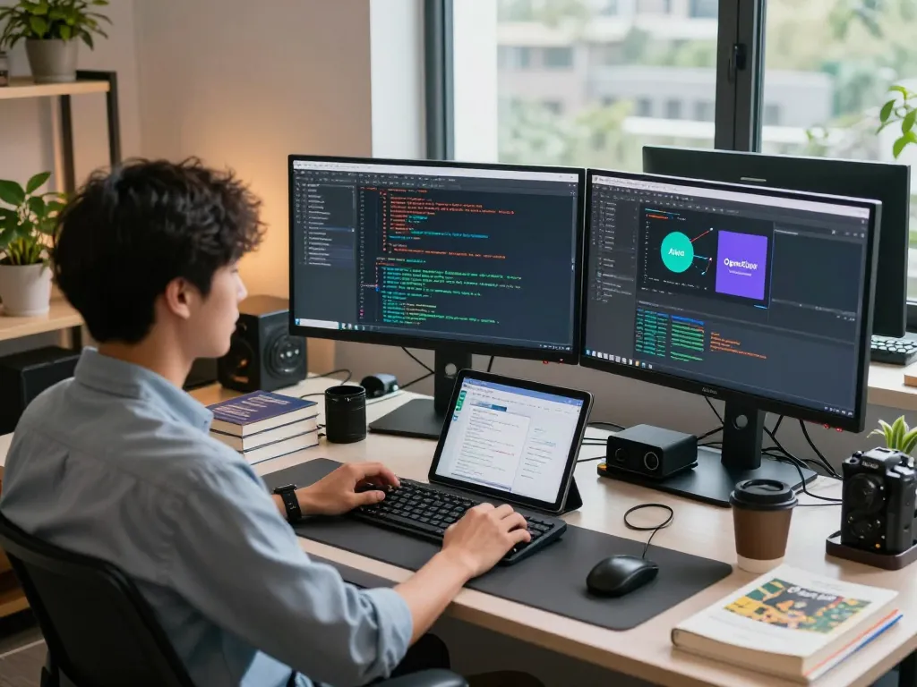 Engaged software engineer utilizing OpenClaw in a modern office environment, surrounded by coding interfaces and tech gadgets.
