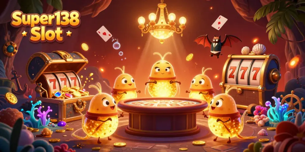 Illuminate your gaming experience with Super138 Slot illustrated in a vibrant cave casino setting.