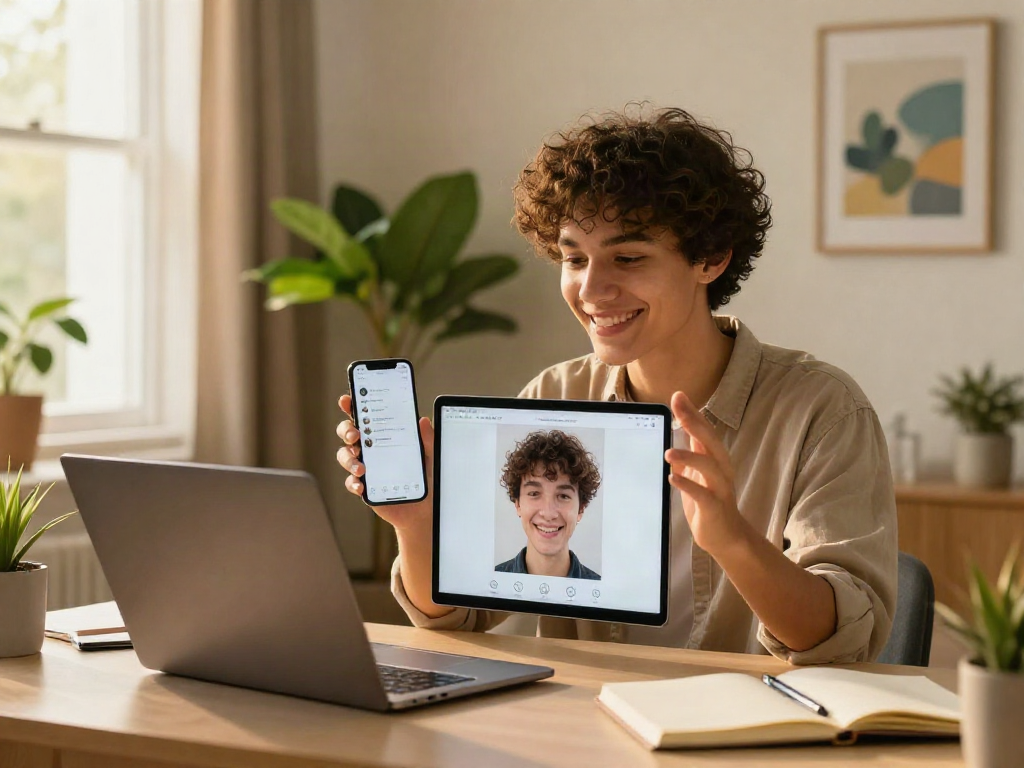Test attractiveness with a young person uploading their photo for analysis in a cozy home setting showcasing curiosity and engagement.