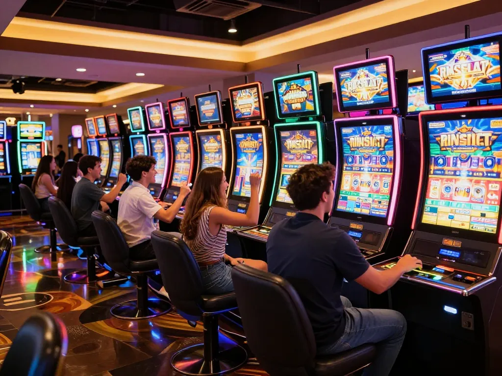 Players enjoying the excitement of slot jepang machines in a lively casino atmosphere