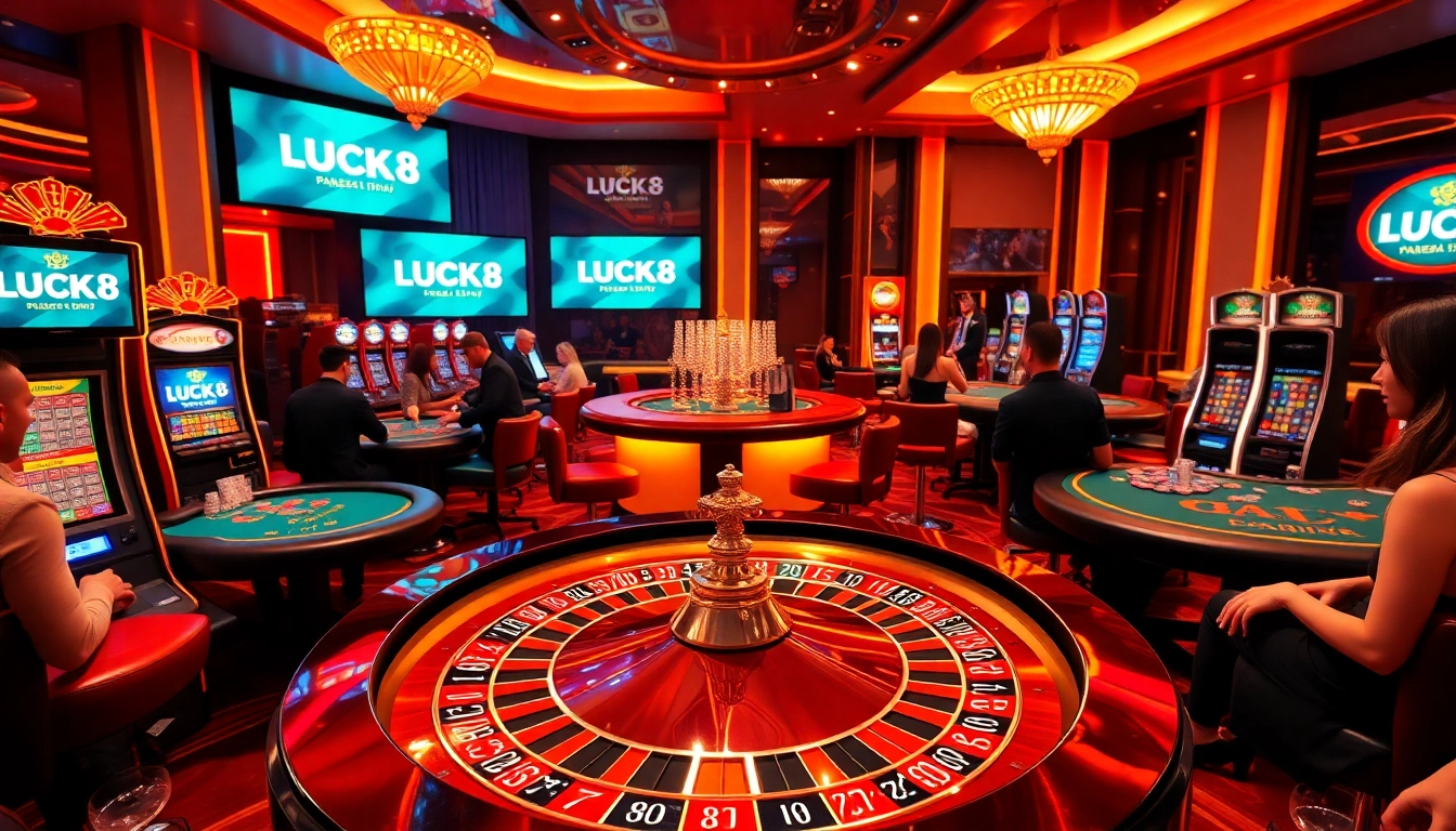Excited gamblers playing at a luxurious casino featuring LUCK8 branding with roulette and slot machines.