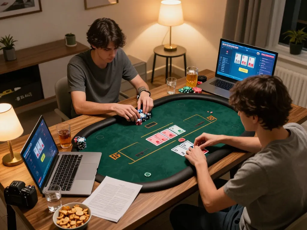 Players enjoying an online poker game on Lu88 from a cozy home setting, showcasing strategic gameplay.
