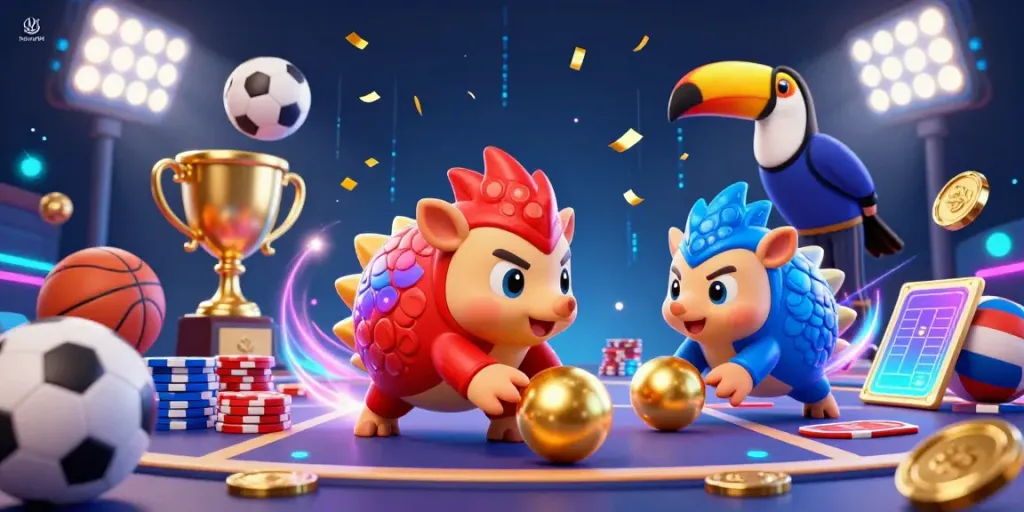 Experience exhilarating gameplay with hawai99 in a colorful, dynamic casino scene featuring rival pangolins.