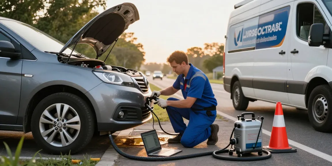 Technician performing fuel drainage on a petrol in diesel car during roadside assistance.