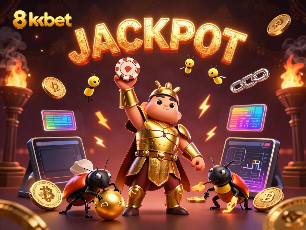 Experience the thrill of 8xbet with cartoon characters celebrating a gaming jackpot amidst vibrant crypto elements.