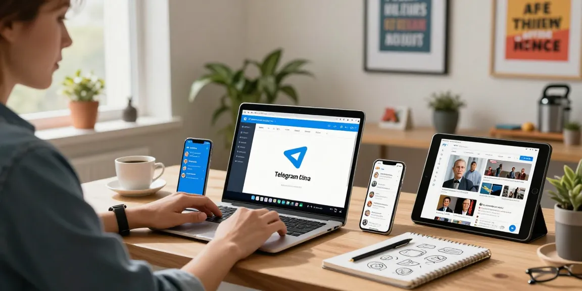 Engaging workspace with user navigating the Telegram China app download on a laptop, smartphone notifications, and vibrant decor.