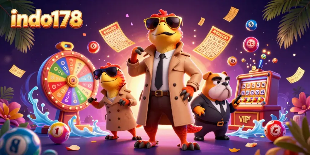 Experience festive surprises with indo178 in this colorful casino-themed illustration.