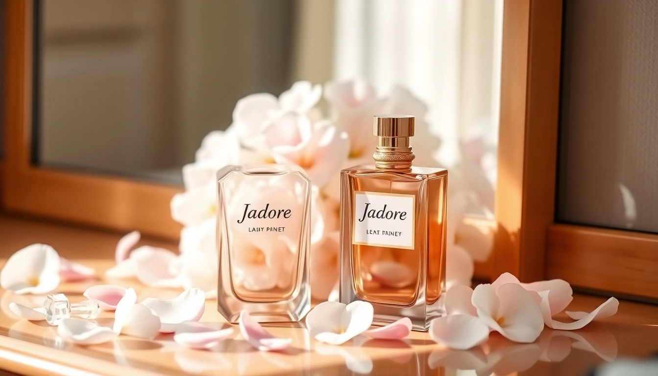 Admire the elegant Jadore perfume bottle surrounded by fragrant petals on a vanity.