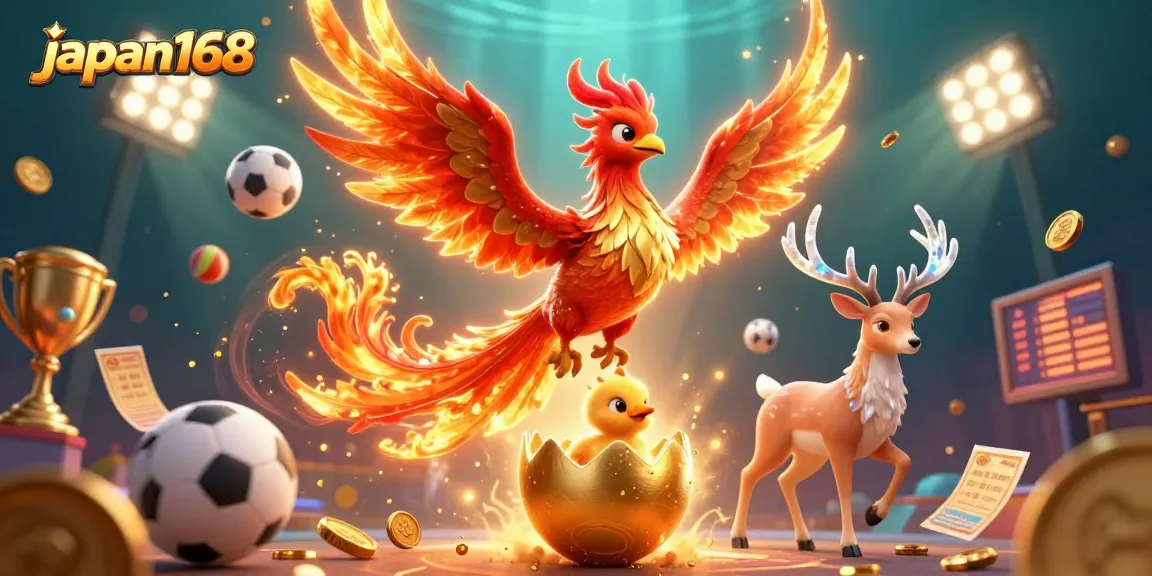 Experience thrilling action with the japan168 sports betting scene, highlighting a vibrant phoenix and a mystical stag.