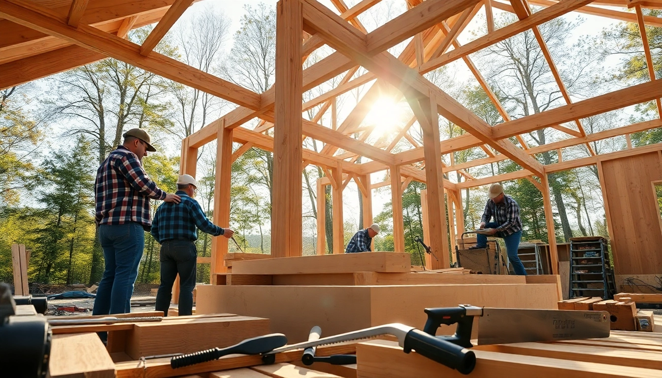 Craftsmen working on a Structural Timber Frame project with natural lighting.