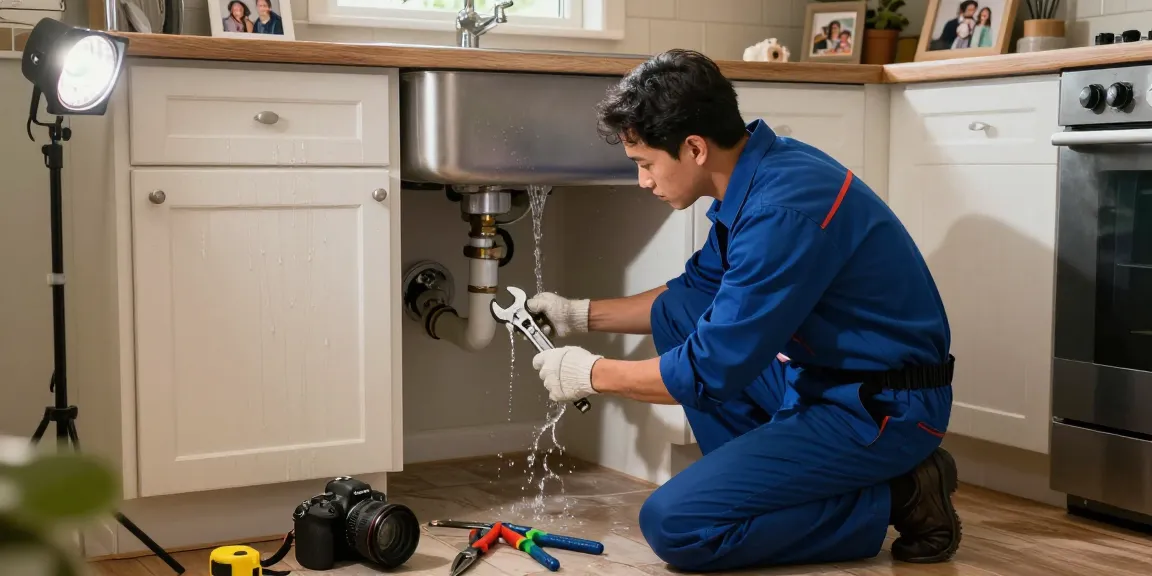 Emergency plumber in Rushden fixing a burst pipe beneath a kitchen sink, showcasing plumbing tools and urgent repairs.