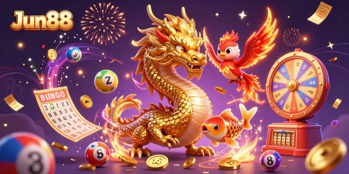 Experience the thrilling wins at Jun88 with a vibrant scene of a dragon, phoenix, and coins.
