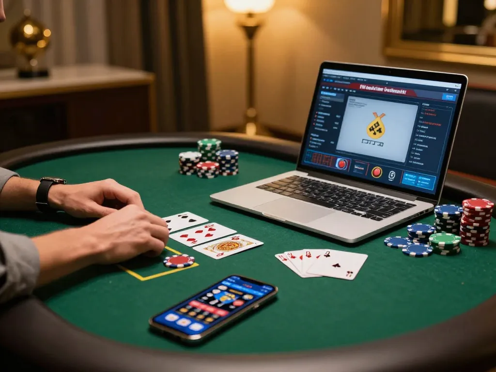 8kbet player enjoying poker session on a laptop with engaging gameplay and vibrant chips