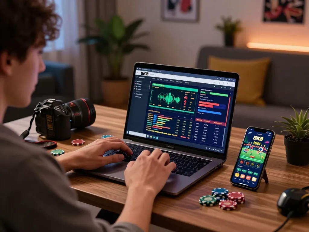 Engaging in strategic sports betting on BK8 platform from a cozy home setup with a laptop.