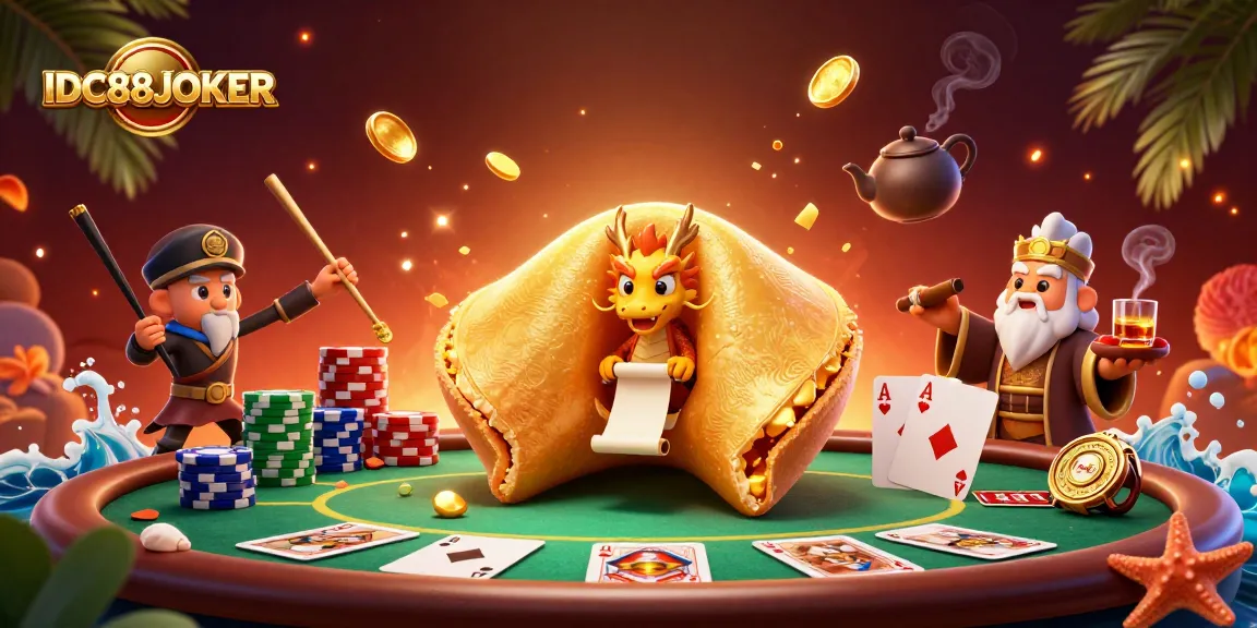 Experience exciting wins at IDC88JOKER with a vibrant casino scene featuring golden fortune cookie and poker elements.
